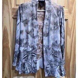 French Blue Lace Back Cardigan Womens Small Gray Animal Print Rhinestone Ruffle